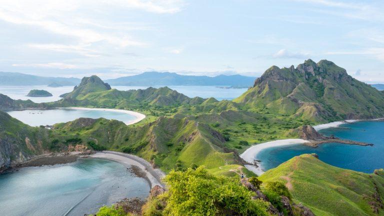 Aerial view of Padar Island’s iconic hills and beaches near Labuan Bajo