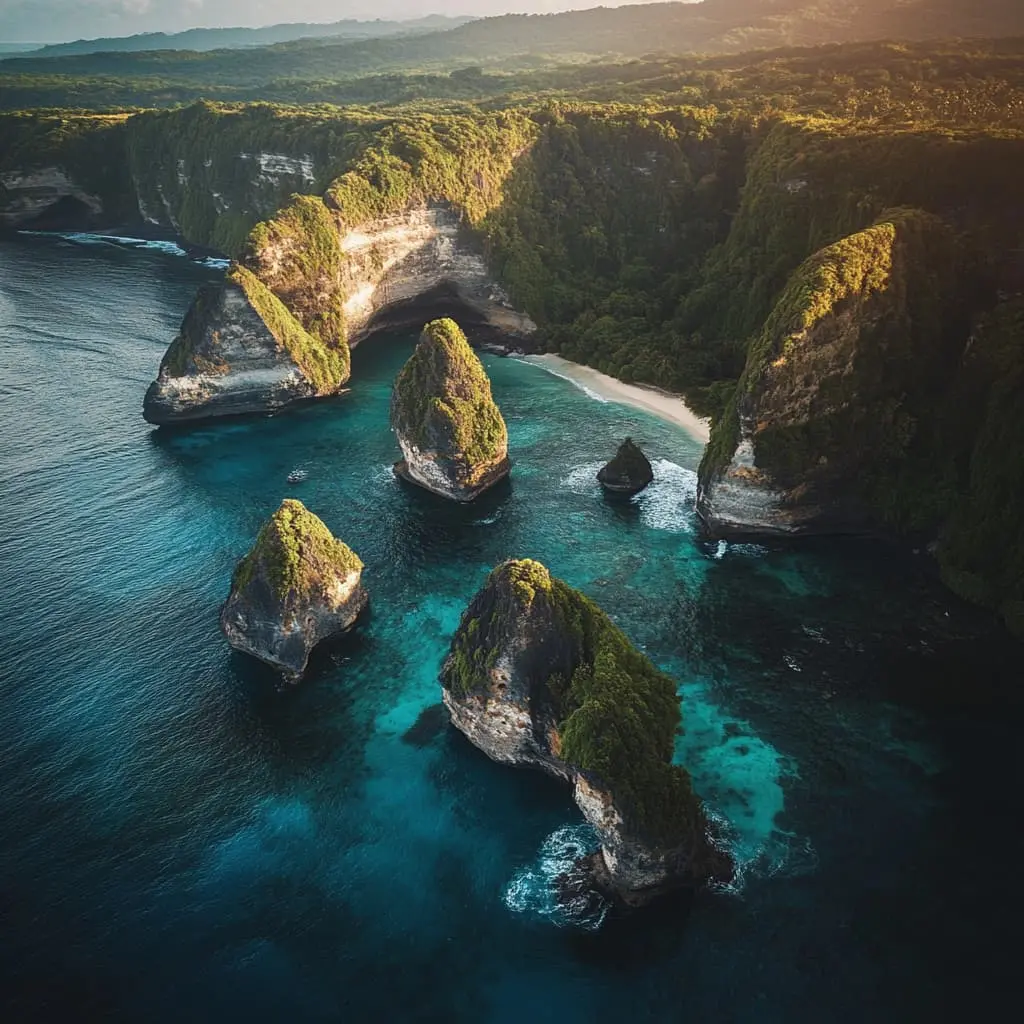 View of Nusa Penida beach and hills from above, perfect for day trips.